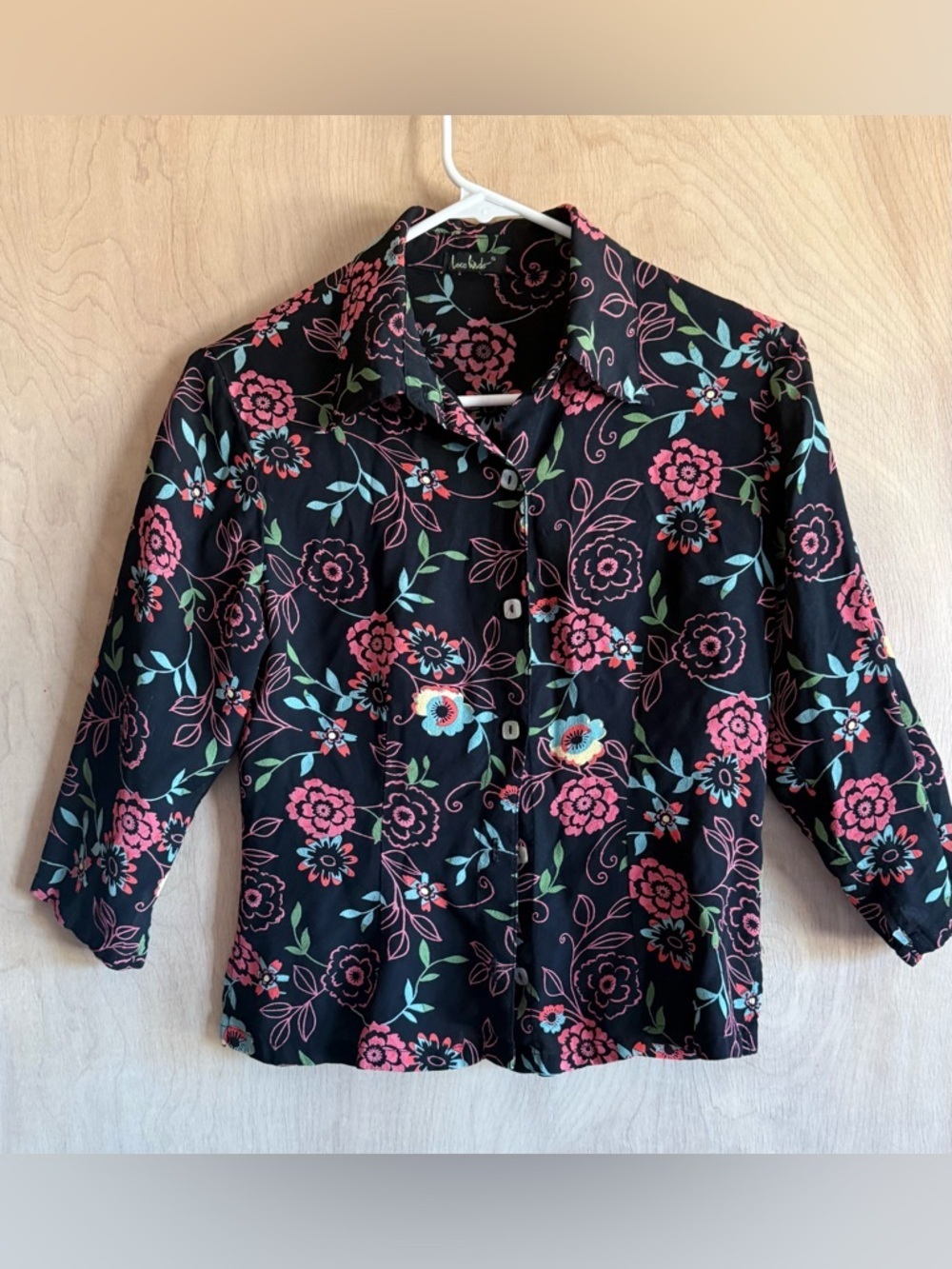 Loco Lindo Floral Blouse Black Multicolor Button-Up 3/4 Sleeve Women's S Boho